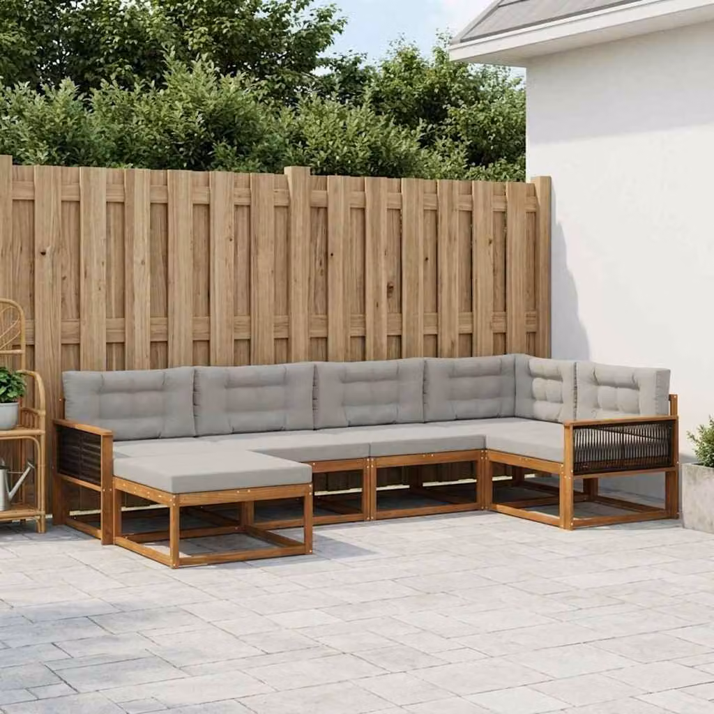 Set di divani da esterno vidaXL a forma di L composto da 6 pezzi in legno di acacia con cuscini, colore beige, grigio e marrone