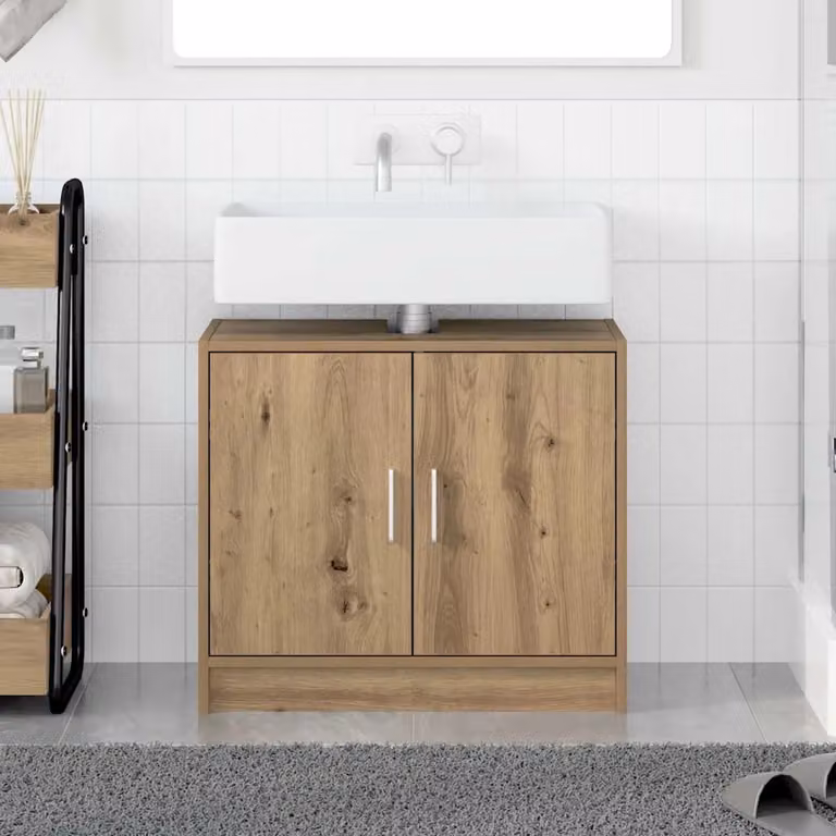 Mobile da bagno vidaXL in legno rovere color beige e marrone con ante a cerniera, L: 63 cm, P: 29 cm, H: 55 cm