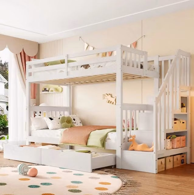 Letto a castello 90x200 cm con scala contenitore e due cassetti in legno di pino e MDF bianco