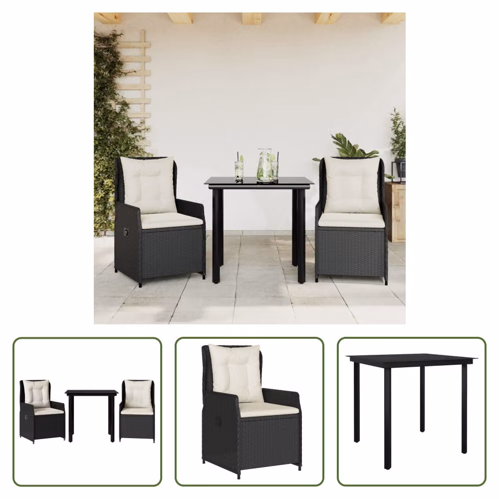 The Living Store Set da pranzo da giardino in 3 pezzi con cuscini in poly rattan nero