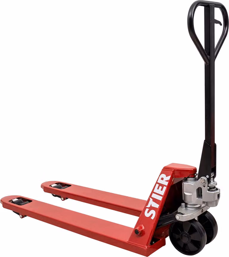 Transpallet STIER, transpallet con portata 2000 kg, lunghezza forche 1800 mm, ruote in nylon, rosso, transpallet, transpallet manuale, angolo di sterzata di 210°, sistema idraulico manuale esente da manutenzione