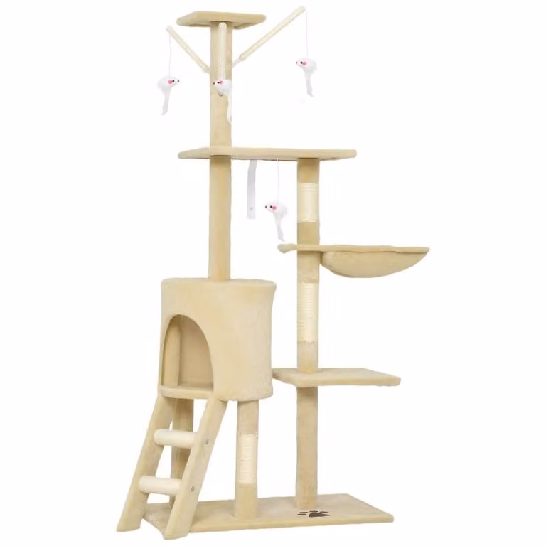 Albero per gatti Moonbite con cuccia e nido, 4 giocattoli a forma di topo, pali in sisal, ampia piattaforma, scaletta, adatto a gatti fino a 5 kg, rivestito in peluche, colore beige