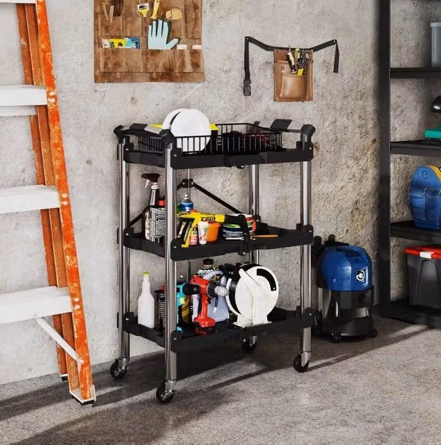 Carrello portautensili pieghevole ULEVR a 3 ripiani con ruote e freni, 64x37x84 cm, nero