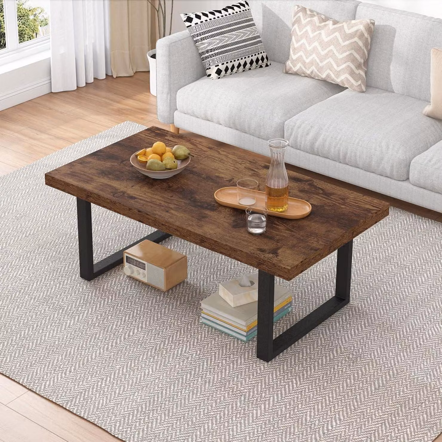 Tavolino rustico marrone, stile industriale, 100 cm, legno e metallo