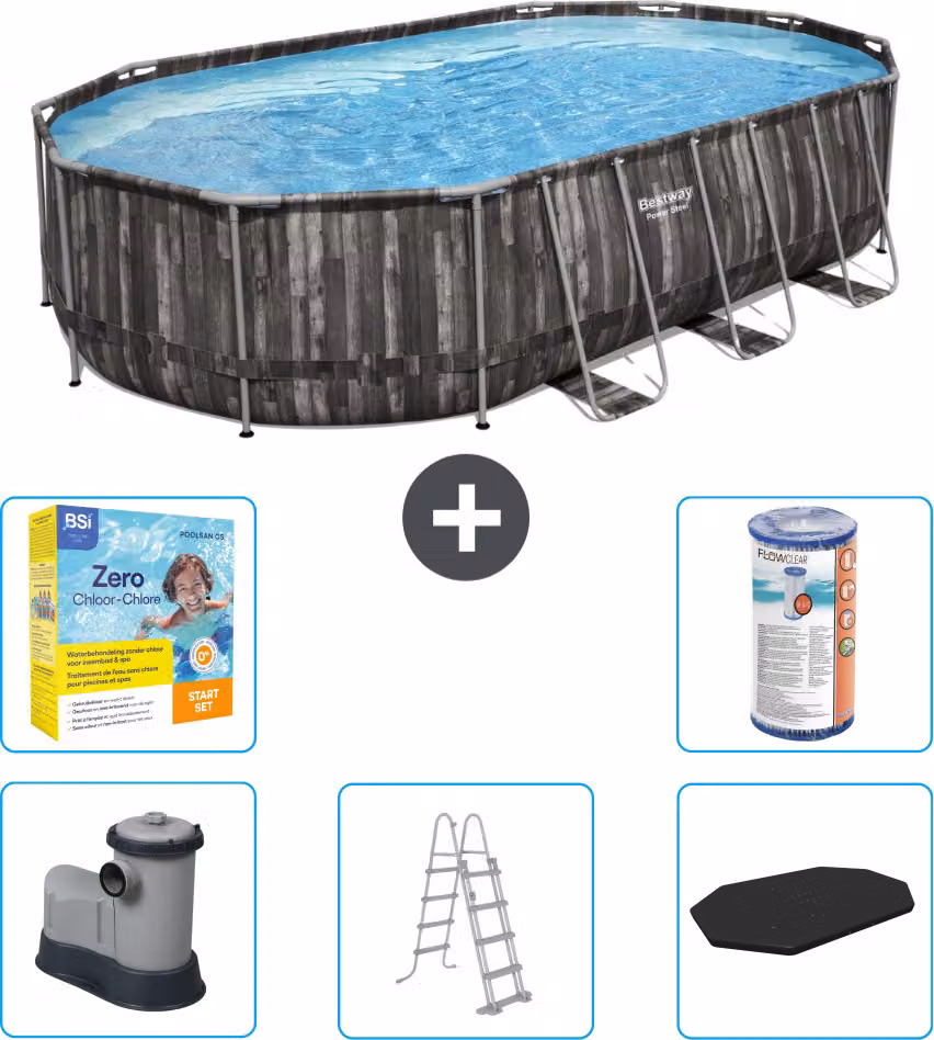 Piscina Bestway Oval Power Steel - 610 x 366 x 122 - Grigio - compresa pompa - scaletta - copertura pacchetto manutenzione - filtro