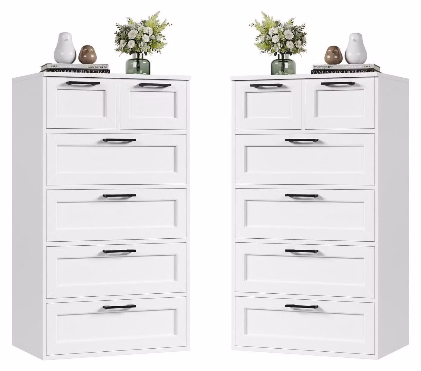 Comodino bianco con 6 cassetti, in legno, design moderno, set da 2