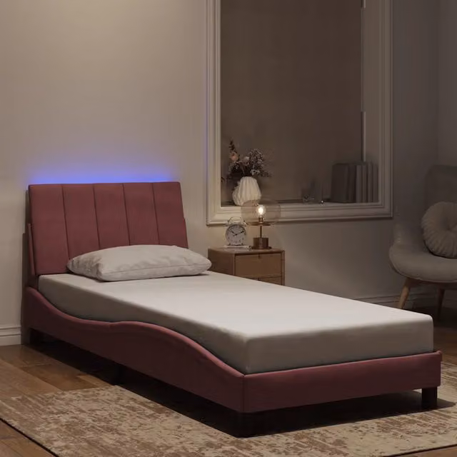 Struttura Letto Hanko in Velluto Rosa con Illuminazione LED e Porta USB, L/P/H: 90 x 190 cm – 1