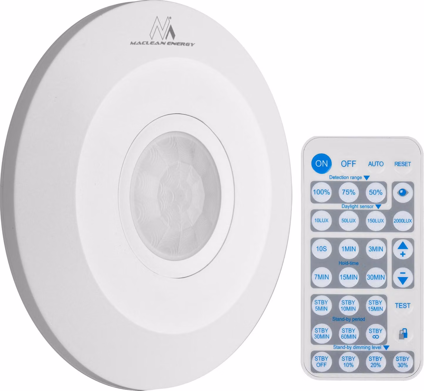 Maclean MCE467 Rilevatore di movimento PIR con sensore crepuscolare e telecomando, campo di rilevamento di 360° fino a 8 m, modalità standby, IP20, max. 2000W