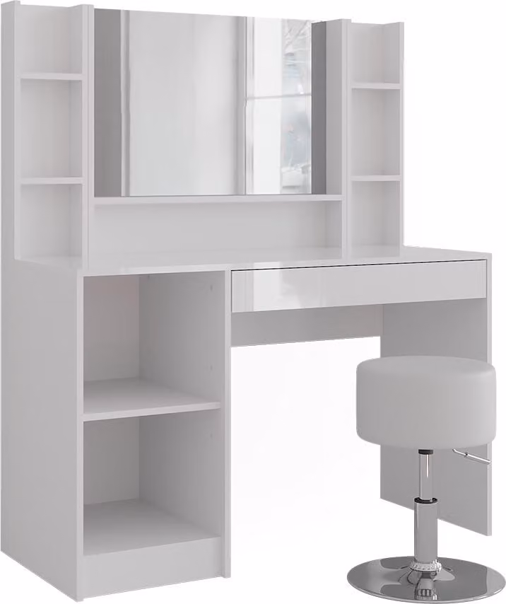 Tavolo da toeletta Vicco Sherry Bianco/Bianco lucido 119.8 cm con specchio e sgabello, Model 57580
