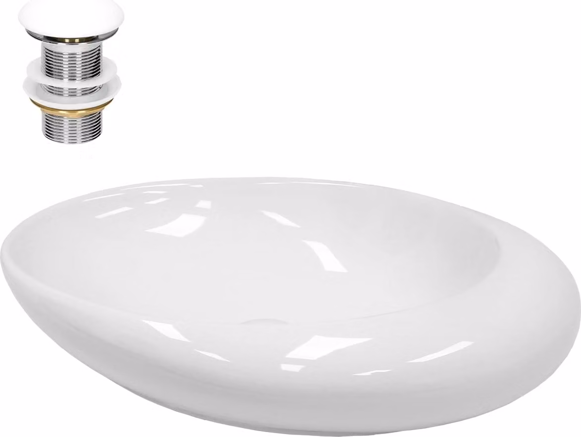Lavabo LuxeBath Lavabo da appoggio ovale, 58,5x37,5x14,5 cm, bianco, in Vetroceramica, incl. set di scarico senza troppopieno