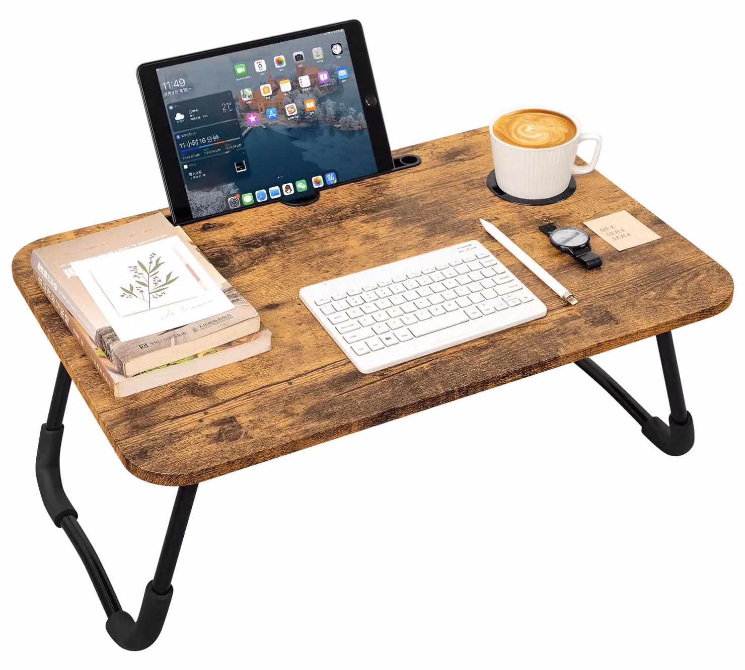 Tavolino pieghevole per laptop, ideale per letto e divano, con portabicchieri e supporto per tablet, color marrone scuro