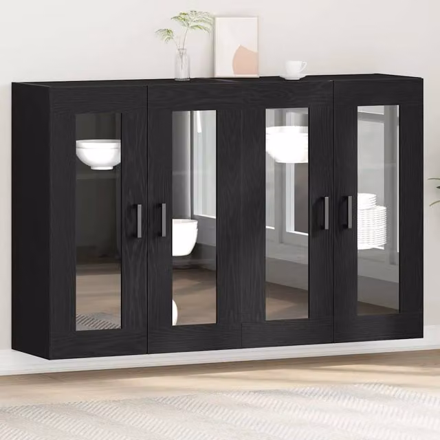 Set di 2 armadi da parete moderni vidaXL con ante in vetro e ripiani interni, colore nero opaco, L/P/H: 69,5 x 34 x 90 cm
