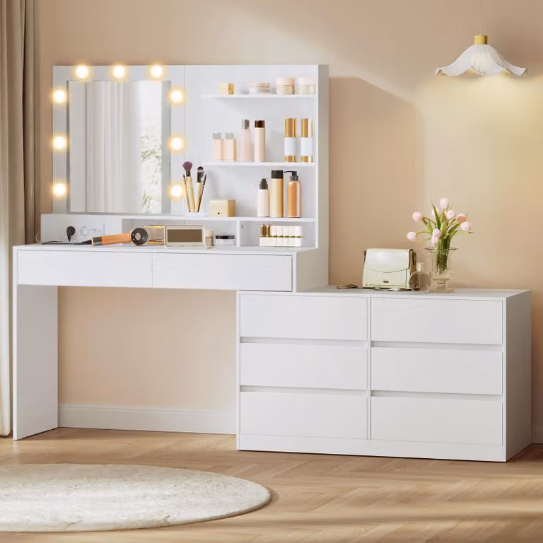 Comò da trucco VASAGLE con illuminazione, dotato di specchio a LED e 8 cassetti