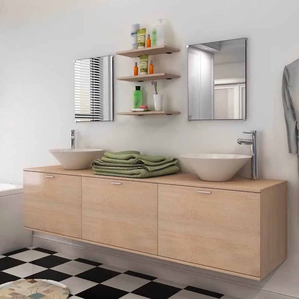 Set di mobili da bagno moderno vidaXL composto da 10 pezzi con lavabo, in legno e metallo, colore beige, bianco e argento, L/P/H: 180 x 45 x 45 cm