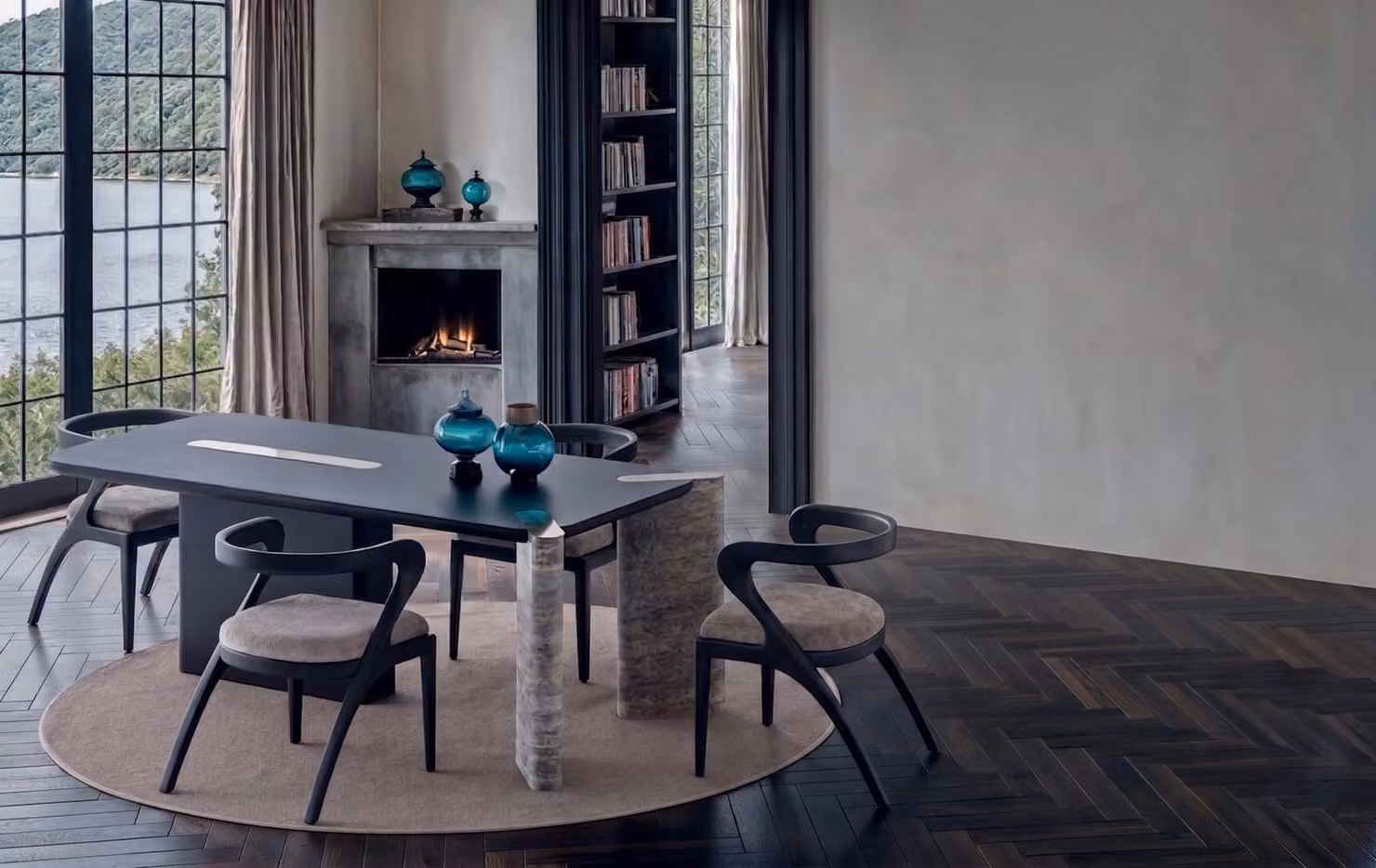 Gruppo tavolo e sedie moderno, design elegante, nero, di alta qualità, composto da un tavolo e quattro sedie