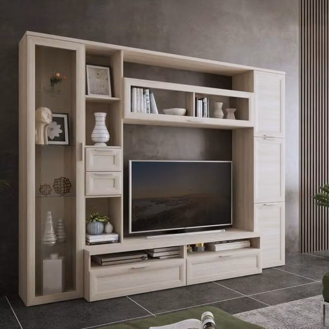 Parete Attrezzata Modulabile DMORA Carenno per Soggiorno in Legno e Vetro, Marrone Olmo e Beige – 1