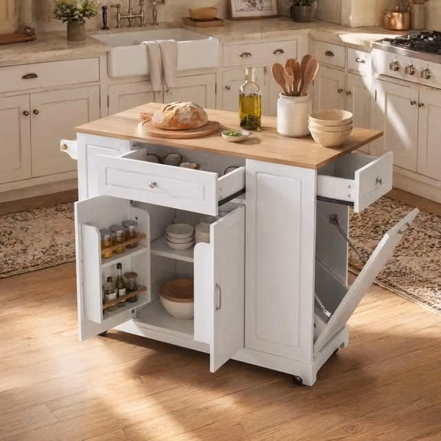 Isola da cucina mobile con piano ribaltabile; prese AC USB e USB-C; MDF; bianco e naturale