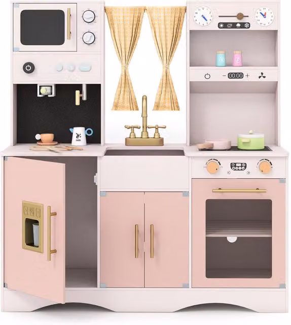 Set da cucina giocattolo in legno per bambini con microonde e macchina del caffè, colore rosa, H 110 x L 102 x P 35 cm – 1