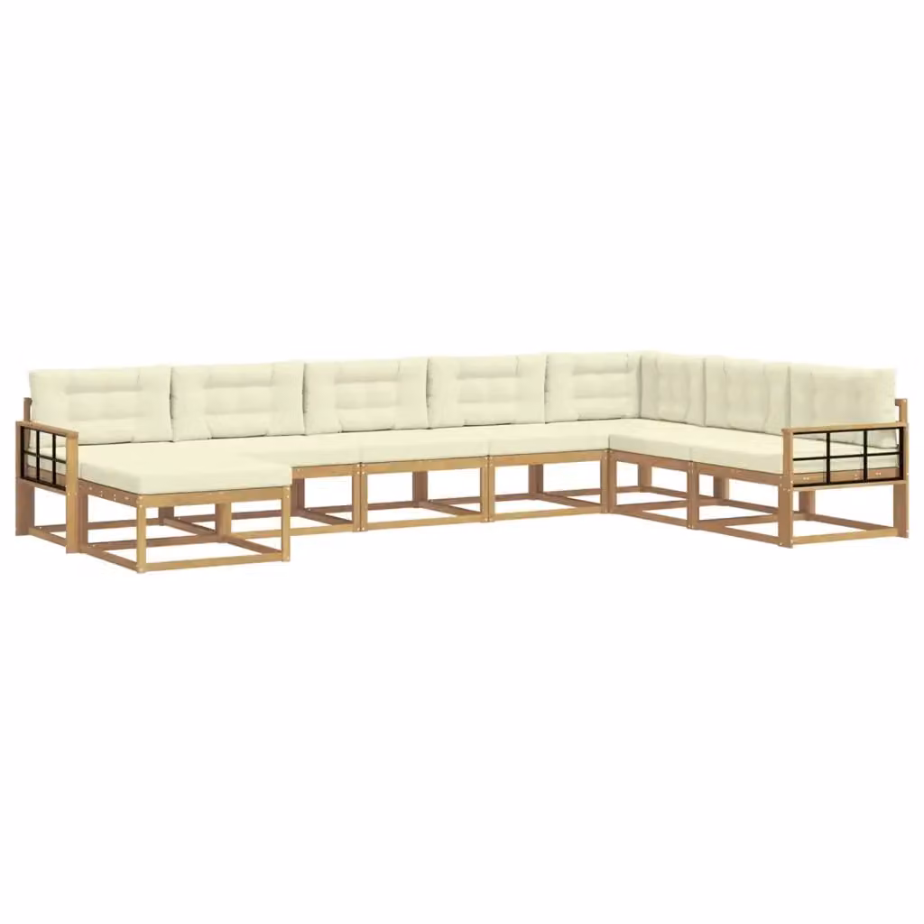 Set di divani da esterno a forma di U vidaXL in legno di acacia con pouf e cuscini, Bianco e Beige – 2