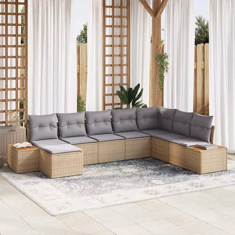 Set Divano da Giardino vidaXL 8 Pezzi a Forma di L in Rattan con Cuscini Beige e Grigio con Struttura in Acciaio e Ottoman