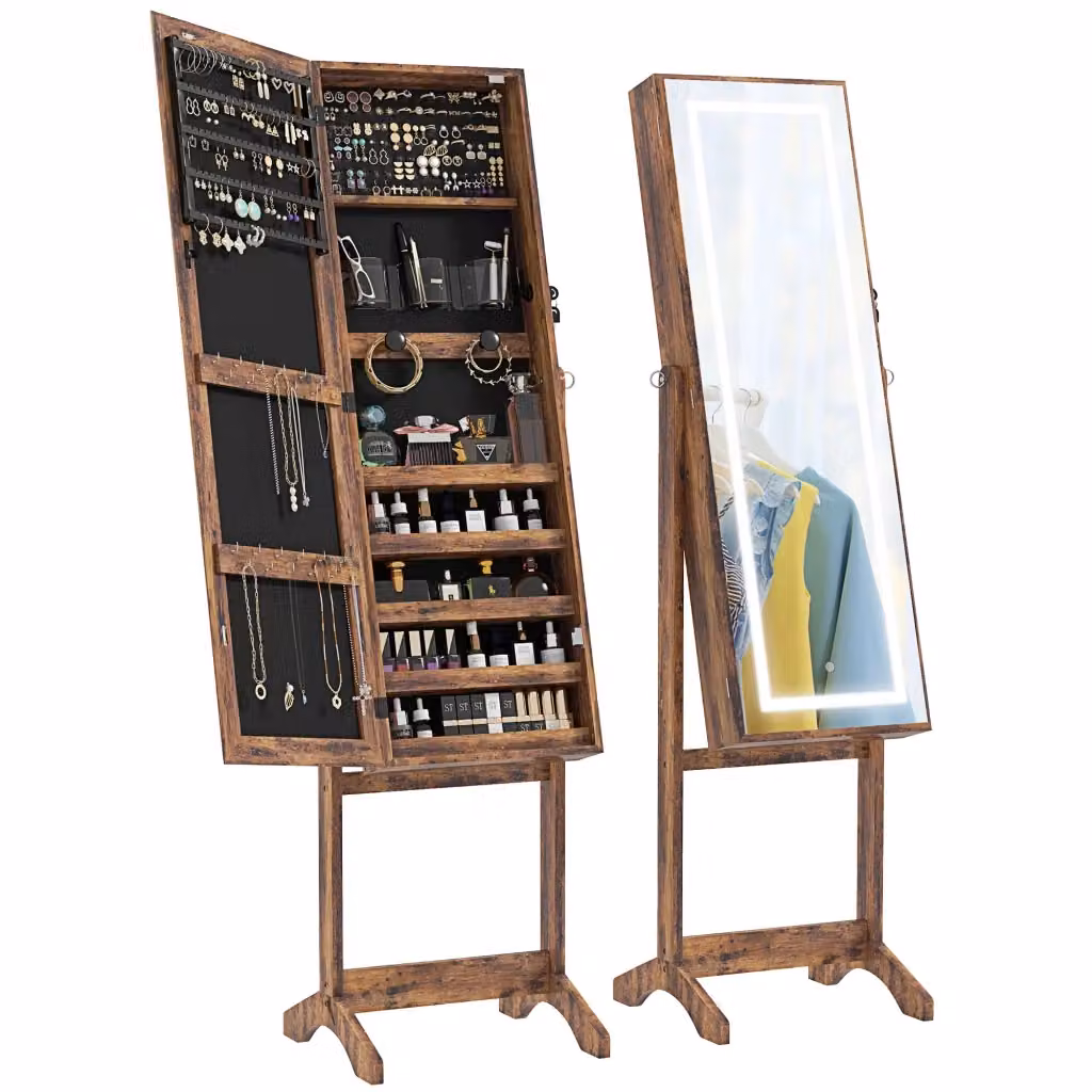Cassettiera con Specchio e Luci LED Minimal Marrone L: 60 cm, P: 40 cm, H: 138 cm – 2