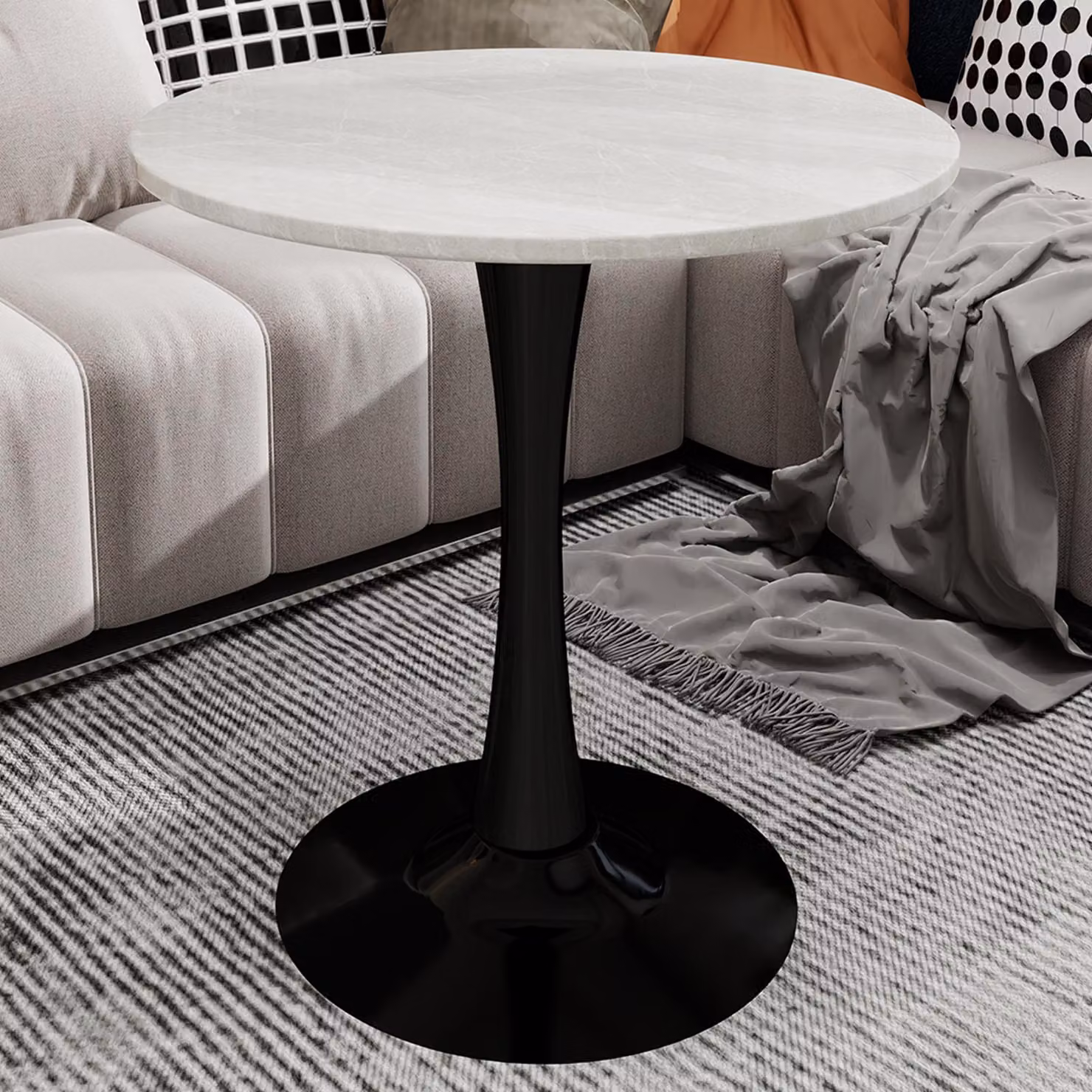 MODFU Tavolino da caffè in stile Mid-Century-Modern, Tavolino da salotto con piano in marmo rotondo da 27,6 pollici di diametro, Tavolino da divano con gambe alte per 2-4 persone, Nero Bianco