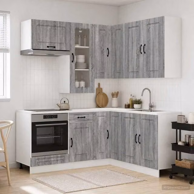 Unità cucina moderna vidaXL KALMAR composta da 8 pezzi in legno ingegnerizzato grigio con ante in vetro e scaffali aperti