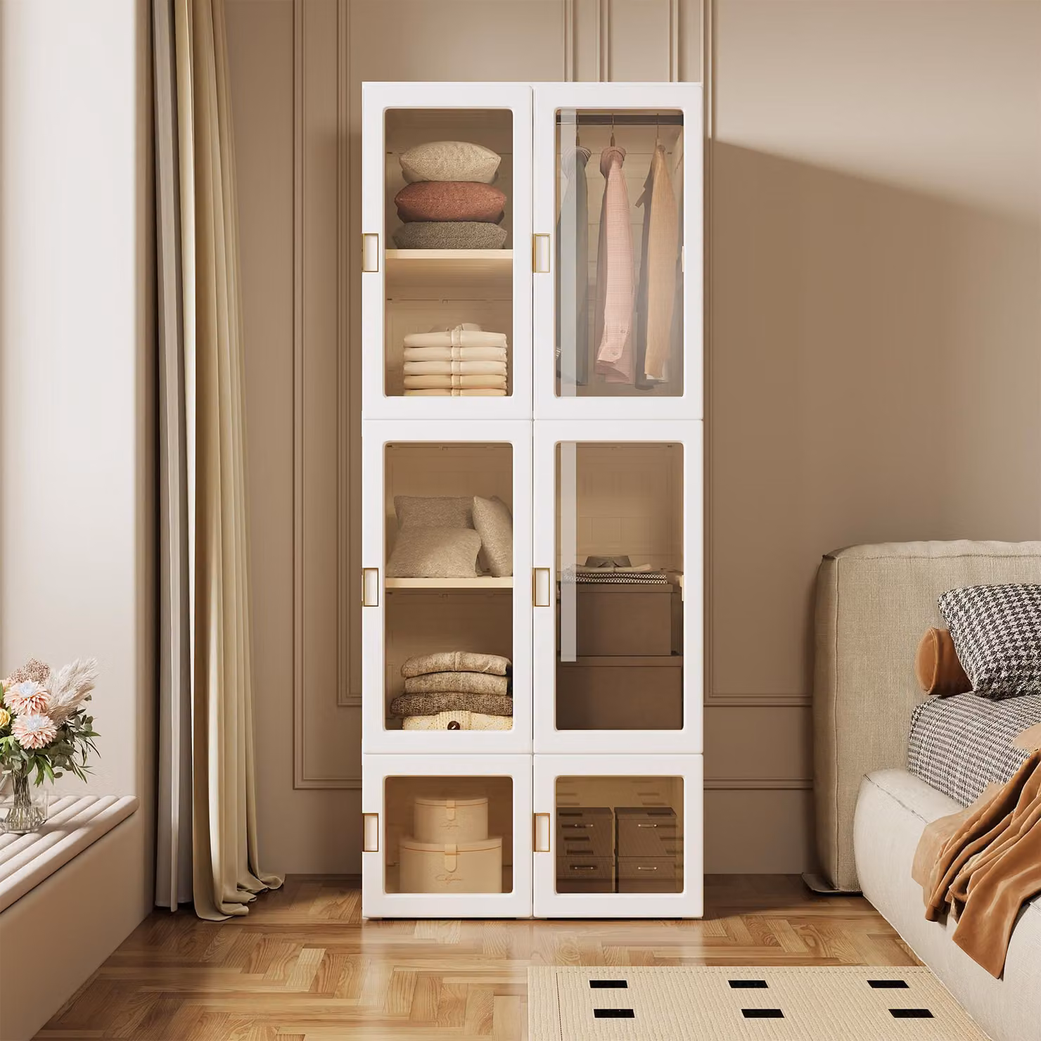 Armadio bianco pieghevole e portatile con ante trasparenti, organizer per riporre gli oggetti, appendiabiti, 6 ante e 1 appendiabiti, bianco
