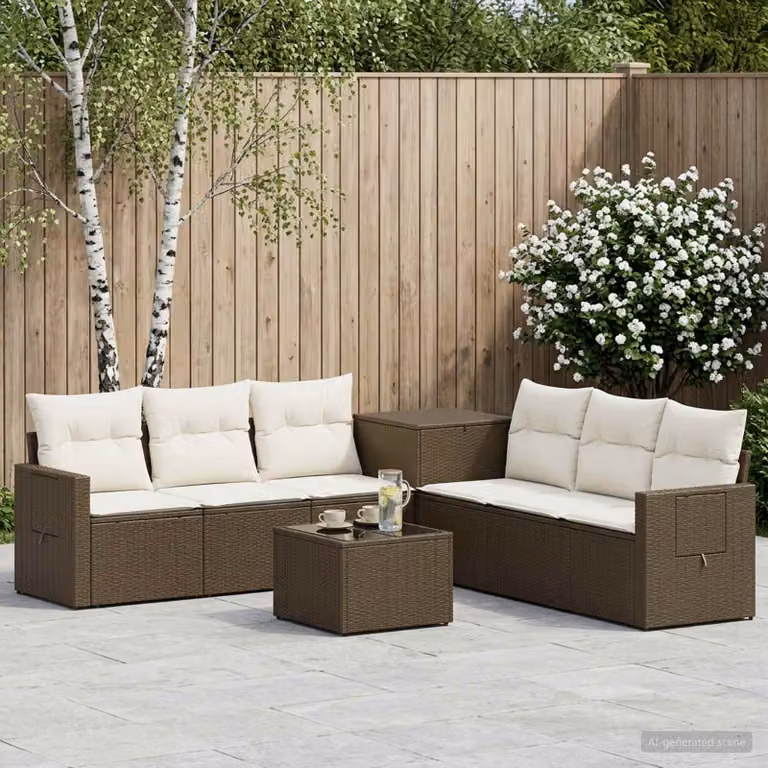 vidaXL Set di divani da giardino 8 pezzi in polyrattan marrone e bianco crema con cuscini inclusi