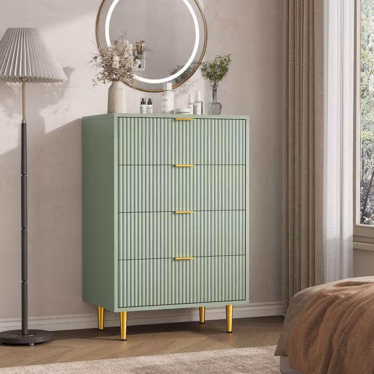 Comodino con frontale scanalato, 4 cassetti, ideale per la camera da letto o il soggiorno. Colore: verde oliva