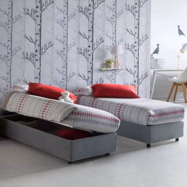 Letto singolo contenitore Abbi Talamo Italia con materasso incluso, rivestimento in tessuto grigio, apertura laterale, dimensioni materasso: 80 x 190 cm – 1
