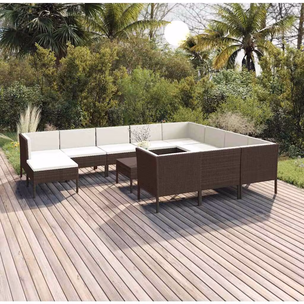 Set Divani da Giardino vidaXL 12 Pezzi con Cuscini e Tavolino, Design Moderno a Forma di U, Colore Marrone e Bianco