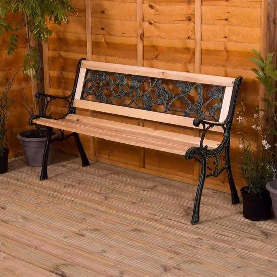 Panca da giardino in stile rosa - Arredo da giardino per 3 persone - Realizzata con listelli di legno - Struttura in ghisa