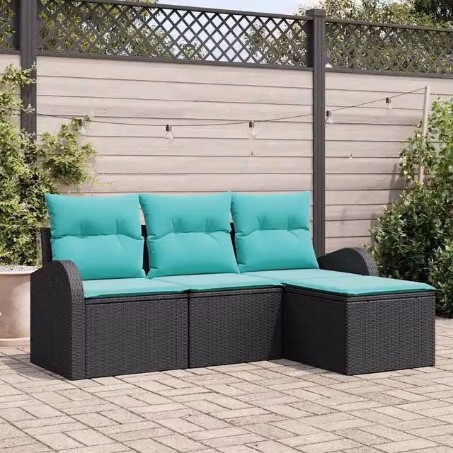 Set di divani 4 pz Nero e Turchese polyrattan 3354665