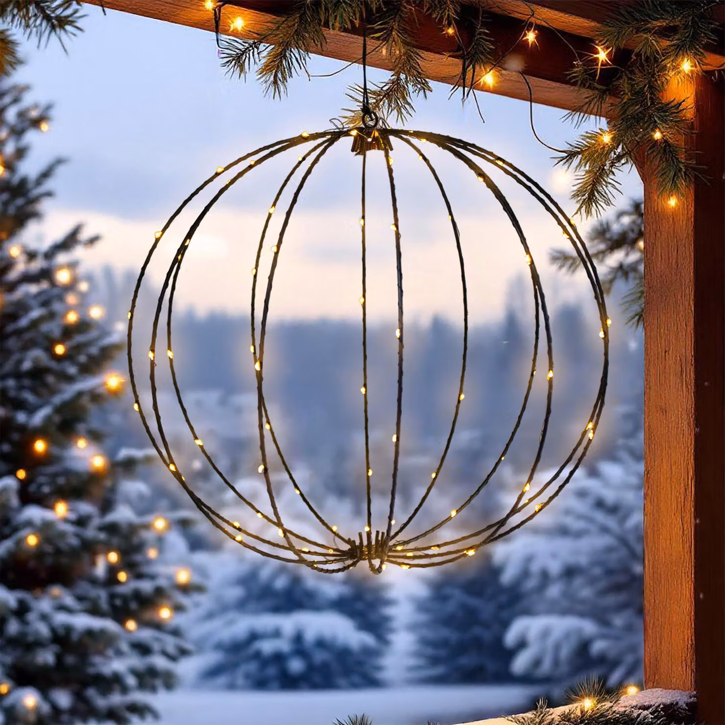 Sfera luminosa a LED da 38 cm, da appendere all'esterno, alimentata a batteria - 90 LED - Decorazione per il giardino, luce bianca calda