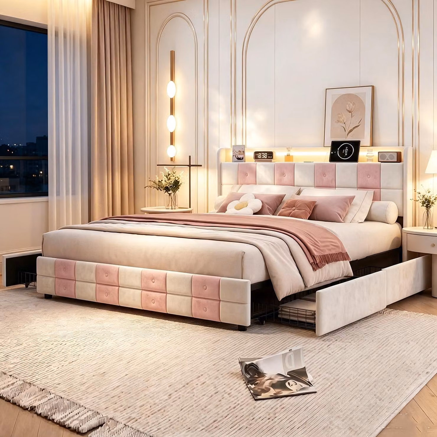 Letto imbottito INONEFT 140x190 con spazio contenitore, letto a molle con presa USB e illuminazione LED, 4 cassetti, letto multifunzionale con testiera, rivestito in velluto (bianco con dettagli rosa).