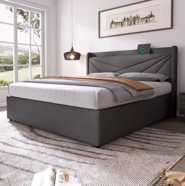 Letto matrimoniale contenitore 140x200 cm testiera con USB e Type-C cotone lino grigio (Senza materasso)