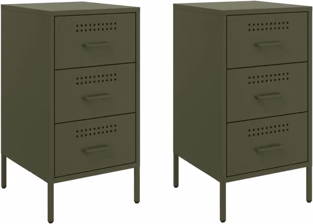 Set di 2 Comodini | Armadio da Notte | Mobiletto da notte Verde Oliva 36x39x68 cm in Acciaio