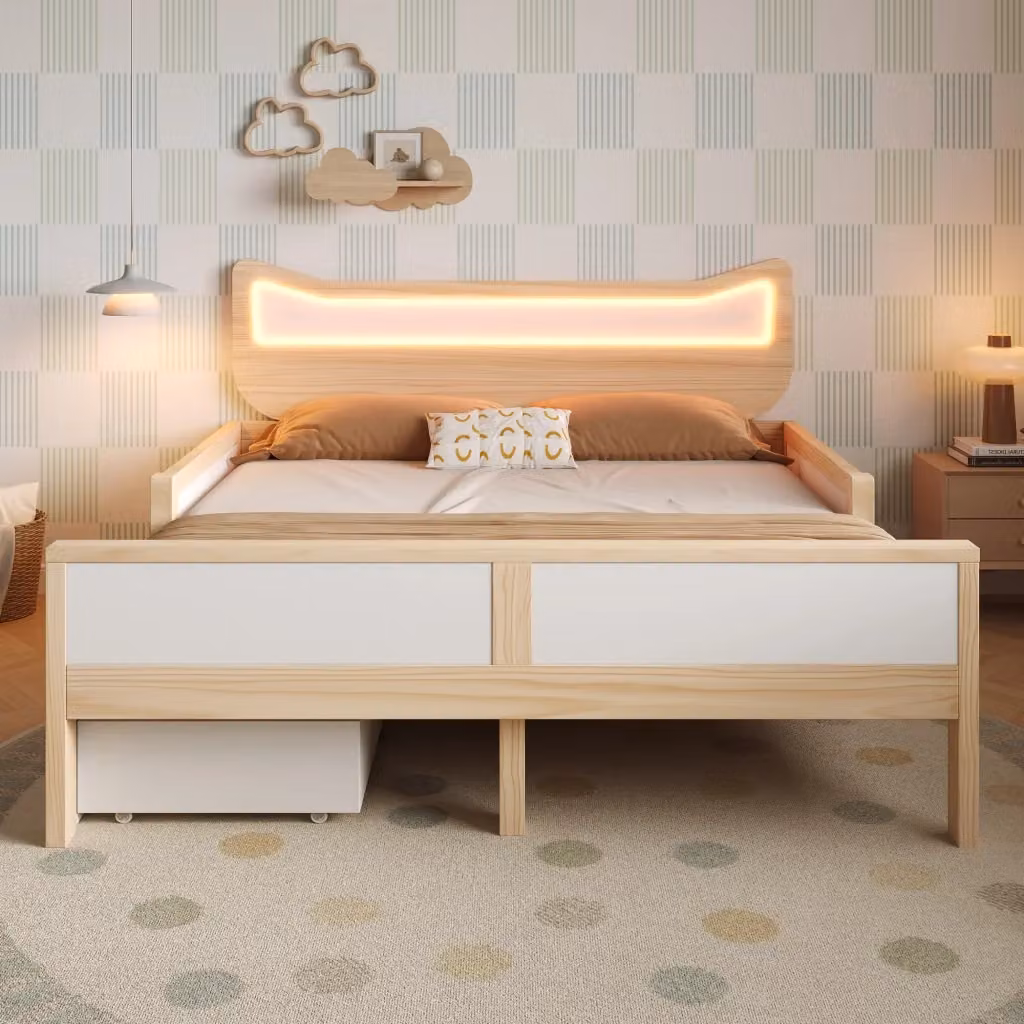 Letto per bambini Chicfurn in legno di pino con testiera a gatto, illuminazione LED RGB e cassetti, L/P/H: 206 x 140 x 94 cm, bianco e marrone – 2