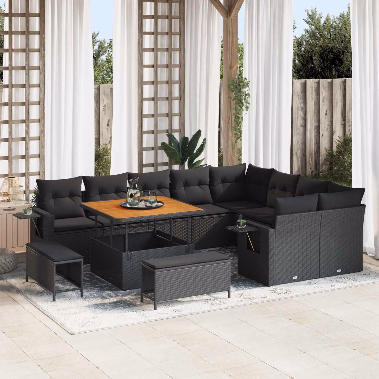 Set Divano da Giardino Moderno vidaXL a Forma a U in Polyrattan Nero con Cuscini e Tavolino da Esterno – 1