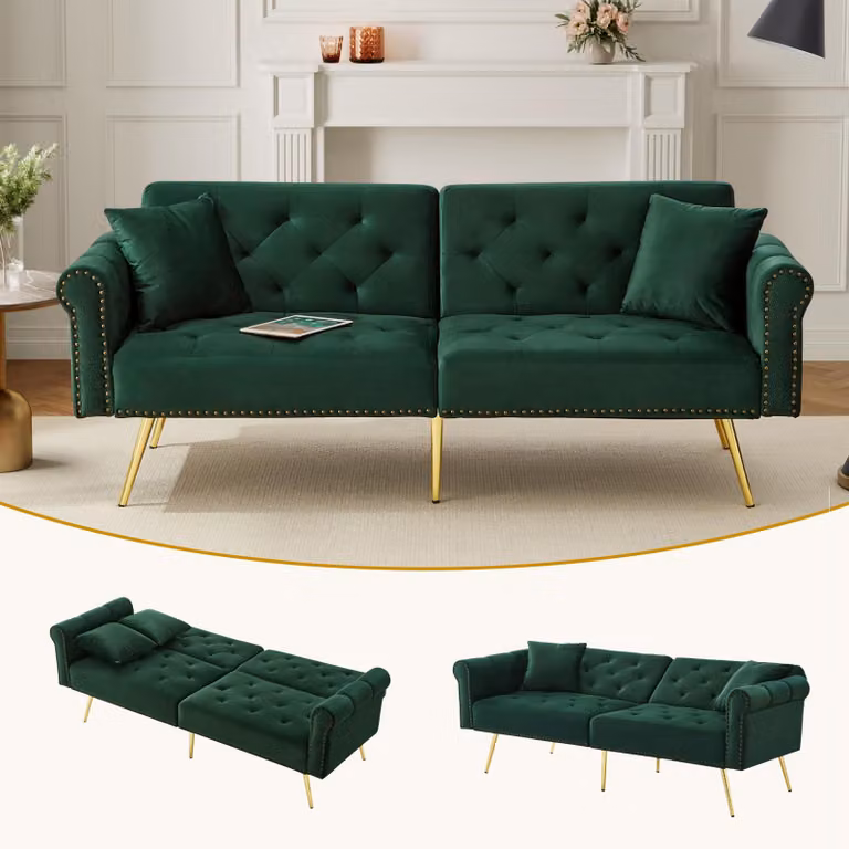 Fortuna Lai Divano letto moderno a 2 posti – rivestimento in velluto, schienale regolabile in 3 posizioni e piedini in metallo dorato Elegante divano con funzione letto – salvaspazio, resistente, ideale per spazi ridotti