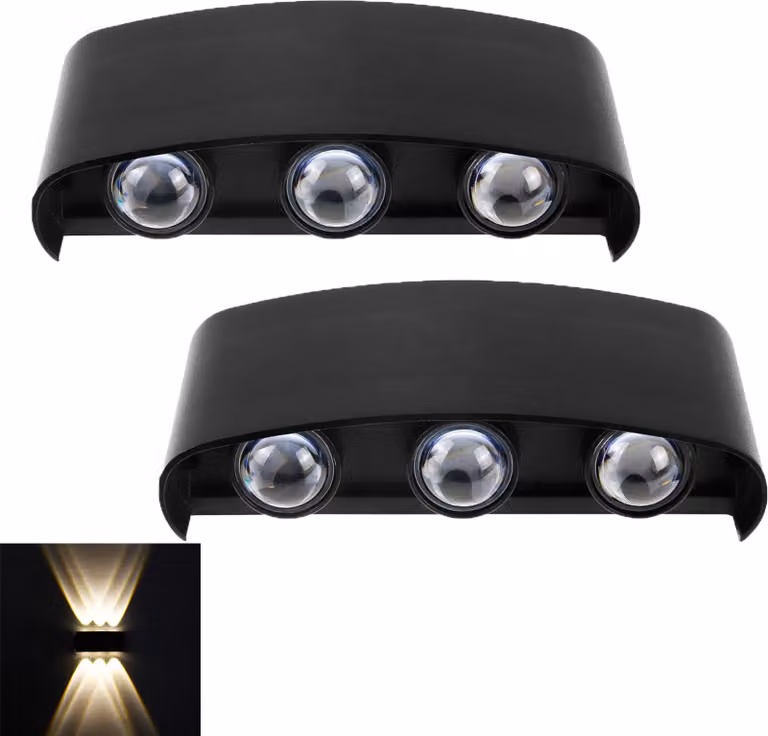 Set di 2 lampade da parete per interni ed esterni, faretti orientabili su e giù in alluminio, design moderno, 6 W, IP65, per corridoi e giardini, colore nero, luce bianco caldo