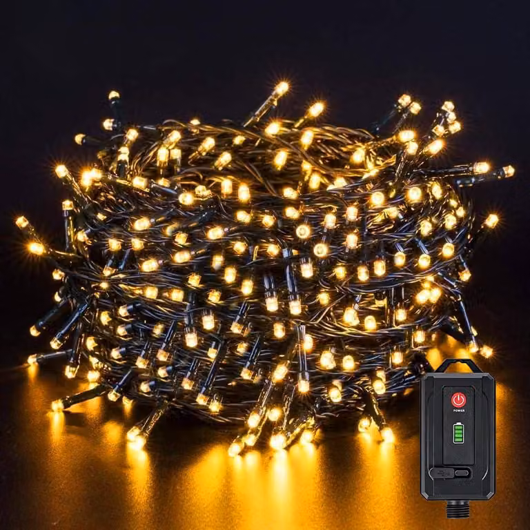 Catena luminosa da 40 metri, con 300 LED, luce bianco caldo, alimentazione a batteria, timer integrato, grado di protezione IP44