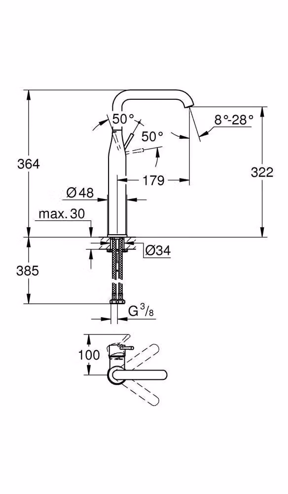 Grohe Essence Mitigeur monocommandé pour lavabo, XL-Size, saillie 179mm, 24170AL1, 24170AL1