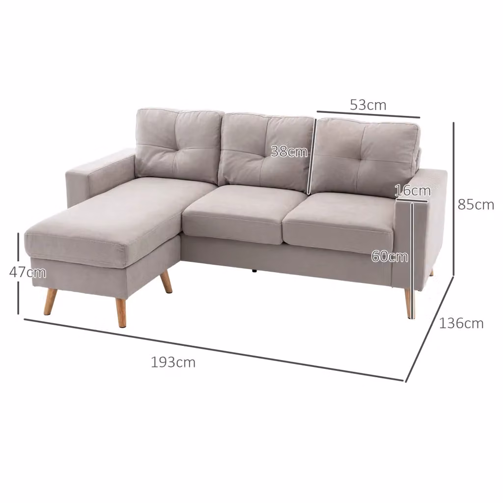 Divano Angolare a L REDOM da 3 posti in tessuto effetto lino Grigio chiaro, reversibile con coperture rimovibili, L/P/H: 193 x 136 x 85 cm – 2