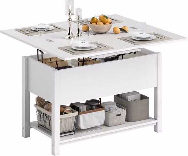 Tavolino da Salotto Sollevabile ed Estensibile con Vano Nascosto Tavolo Moderno Bianco 100x45x50,5cm