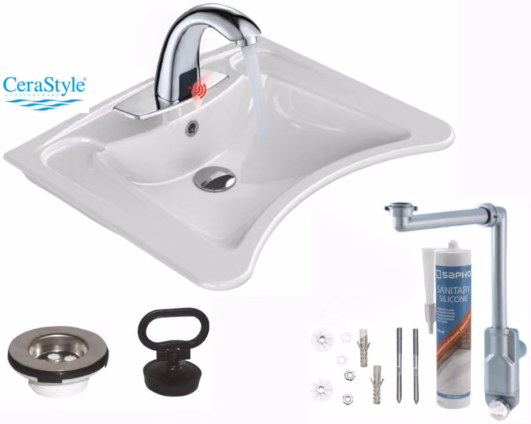 Domotechnika | Lavabo per persone con disabilità - 60x50 cm - Rubinetto senza contatto - Sifone incluso