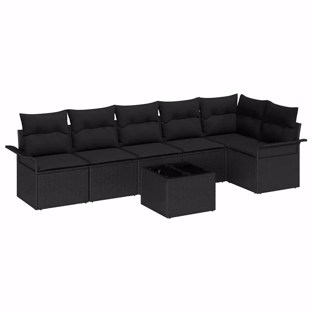 Set Divano da Giardino vidaXL 7 Pezzi Moderno in Polyrattan Nero con Cuscini e Tavolino da Caffè in Vetro – 2