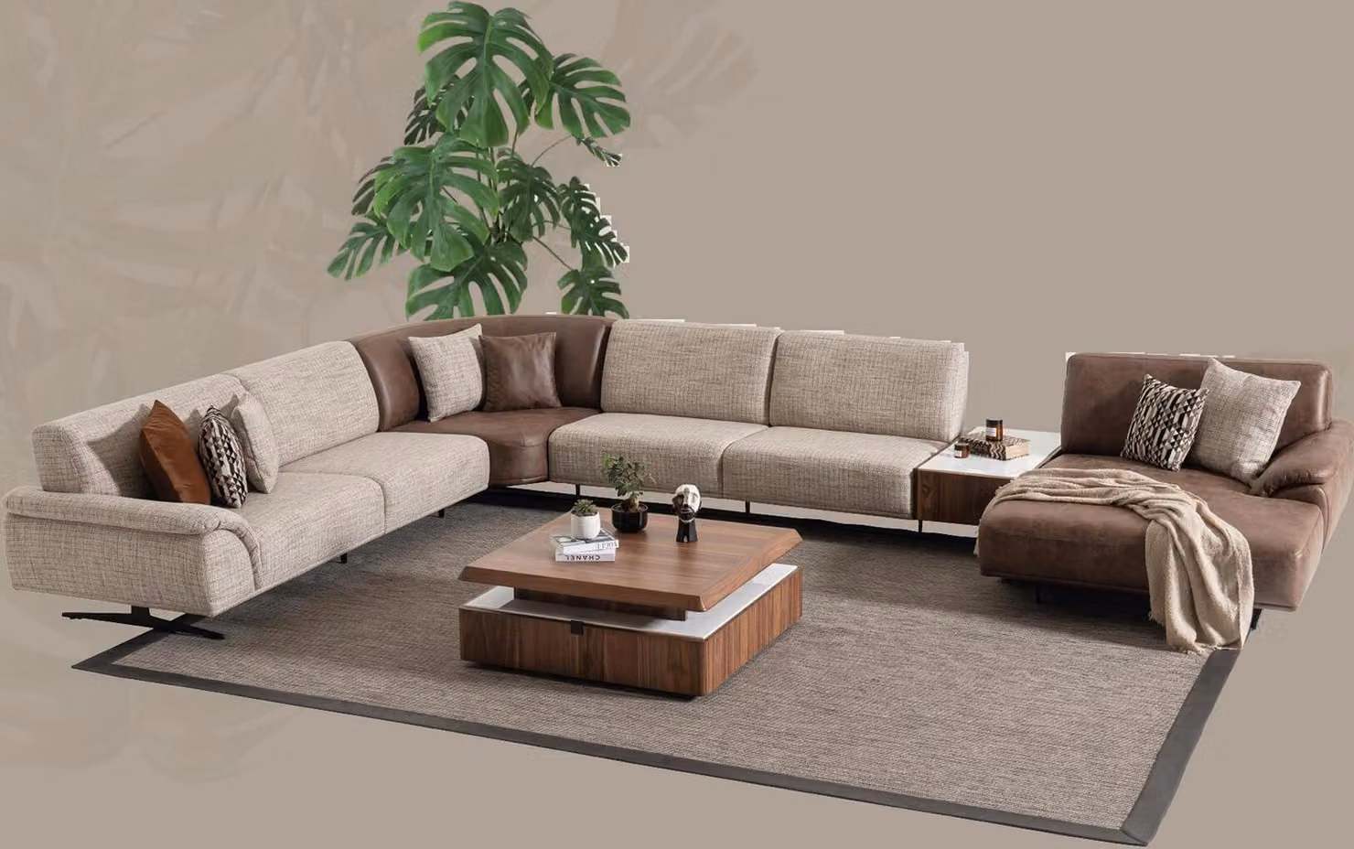 Wohnlandschaft Ecksofa Garnitur Design Moderner Couchtisch Braune 2tlg