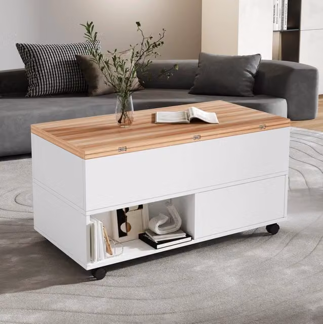 Tavolino da salotto ULEVR 100x50x52 cm elevabile e ampliabile, 4 cassetti, ruote con freno, bianco e rovere